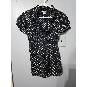 AT LAST Womens Polka Dot Short Sleeve Ruffle Neck Dress Medium